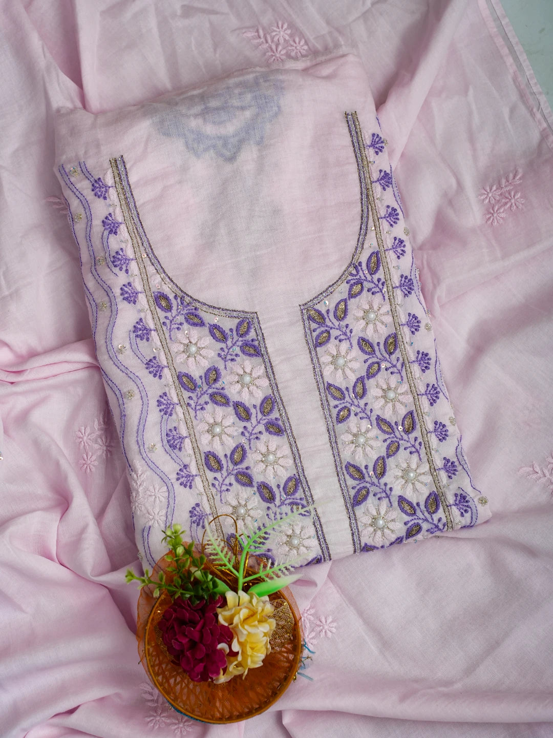 Ada Hand Embroidered Pink Cotton Lucknowi Chikankari Unstitched Kurta Dupatta Set With Cutdana Work 01A526015