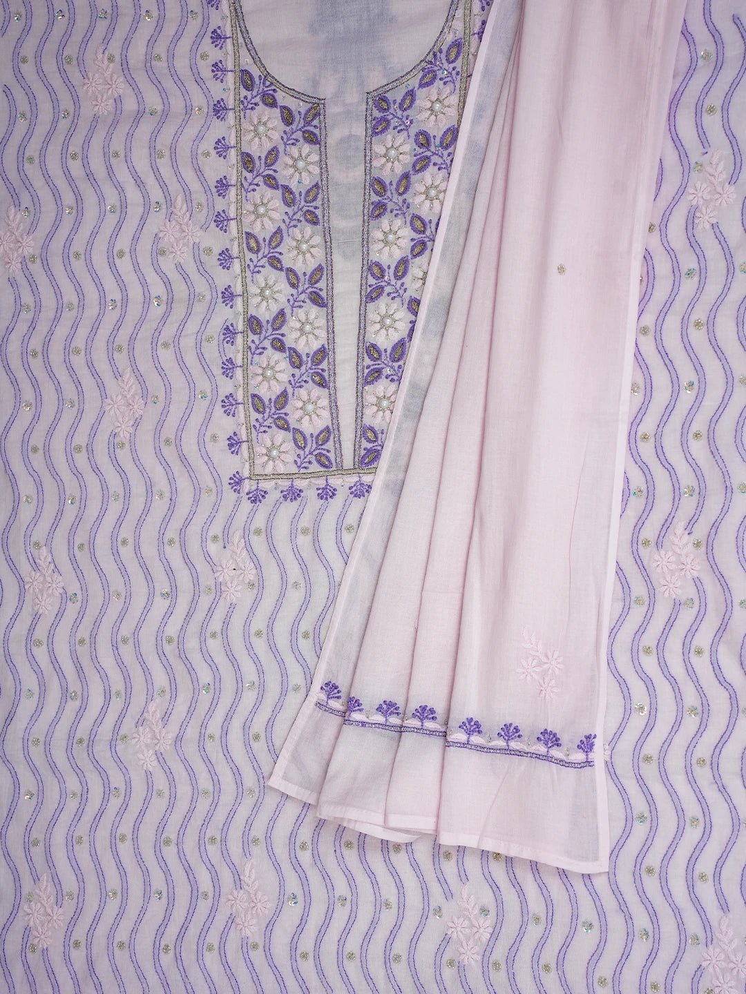 Ada Hand Embroidered Pink Cotton Lucknowi Chikankari Unstitched Kurta Dupatta Set With Cutdana Work 01A526015