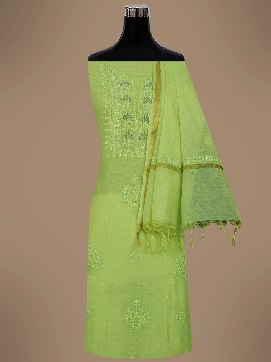 Ada Hand Embroidered Pastel Lime Green Chanderi Lucknowi Chikankari Unstitched Kurta Dupatta Set With Cutdana Work 01A681517