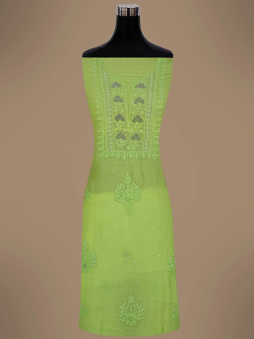 Ada Hand Embroidered Pastel Lime Green Chanderi Lucknowi Chikankari Unstitched Kurta Dupatta Set With Cutdana Work 01A681517