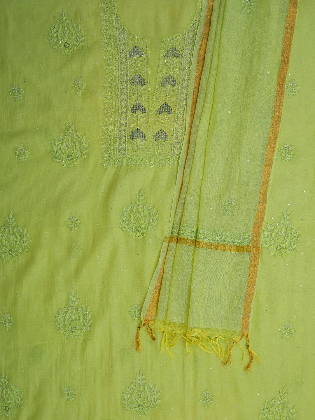 Ada Hand Embroidered Pastel Lime Green Chanderi Lucknowi Chikankari Unstitched Kurta Dupatta Set With Cutdana Work 01A681517