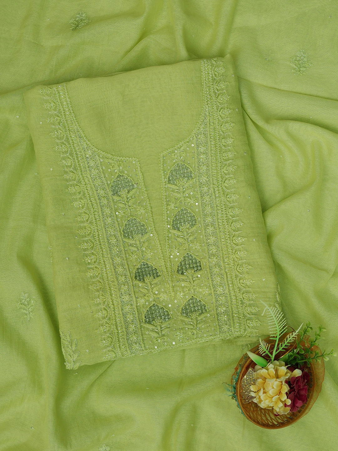 Ada Hand Embroidered Pastel Lime Green Chanderi Lucknowi Chikankari Unstitched Kurta Dupatta Set With Cutdana Work 01A681517