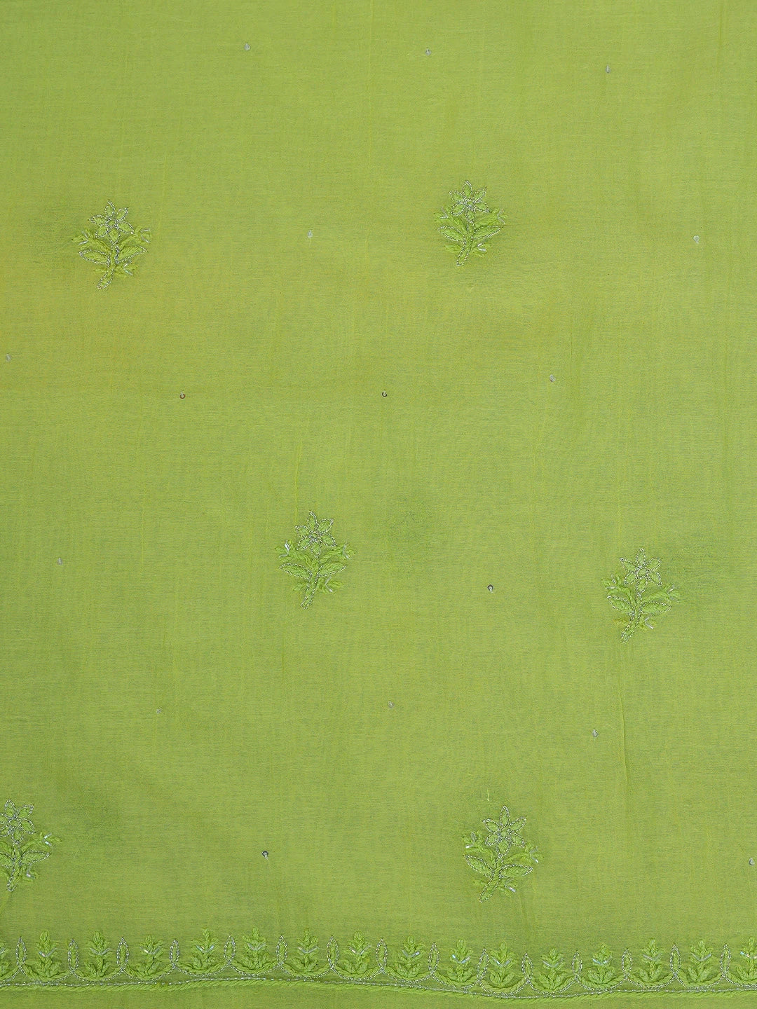 Ada Hand Embroidered Pastel Lime Green Chanderi Lucknowi Chikankari Unstitched Kurta Dupatta Set With Cutdana Work 01A681517