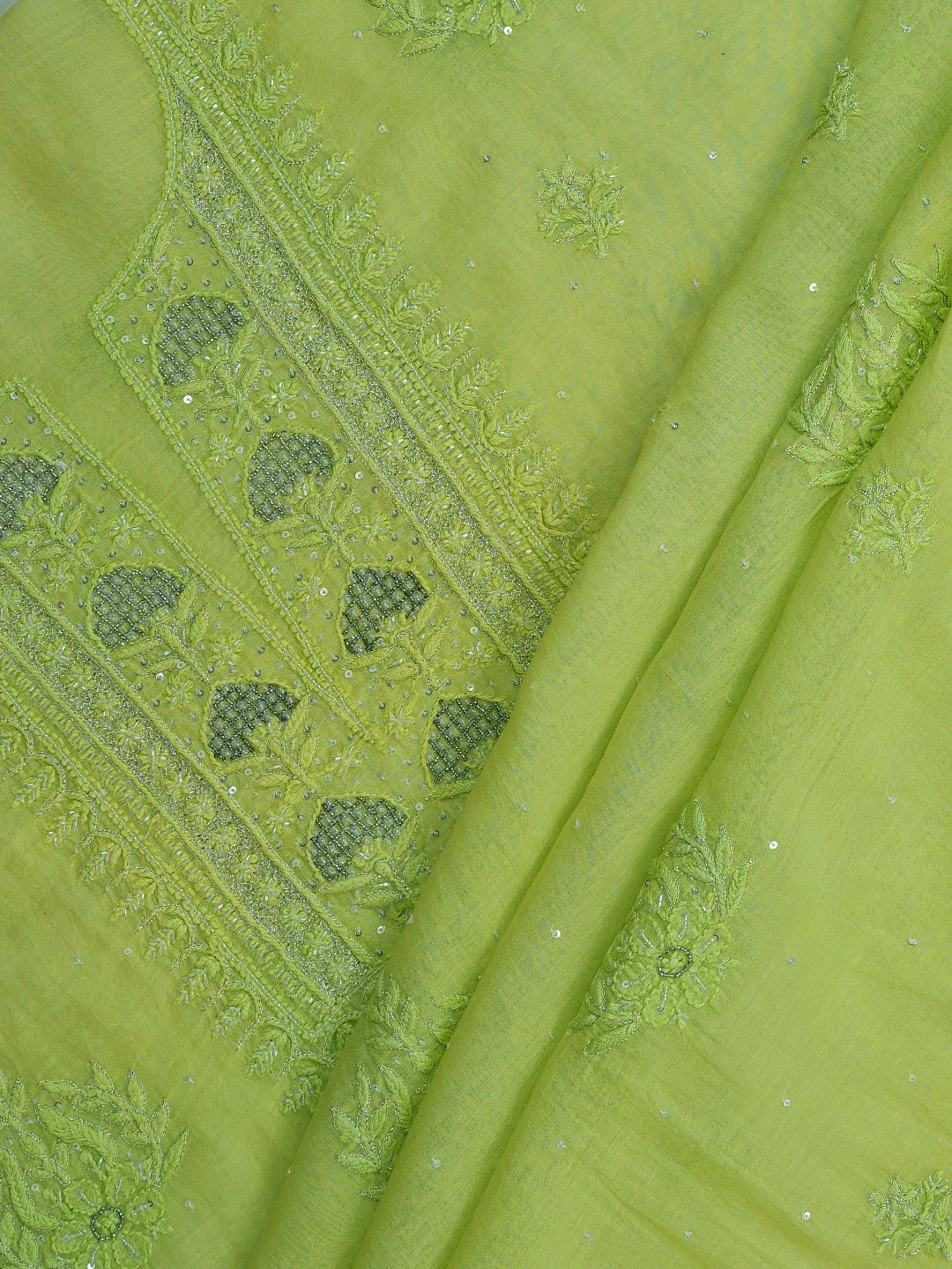 Ada Hand Embroidered Pastel Lime Green Chanderi Lucknowi Chikankari Unstitched Kurta Dupatta Set With Cutdana Work 01A681517
