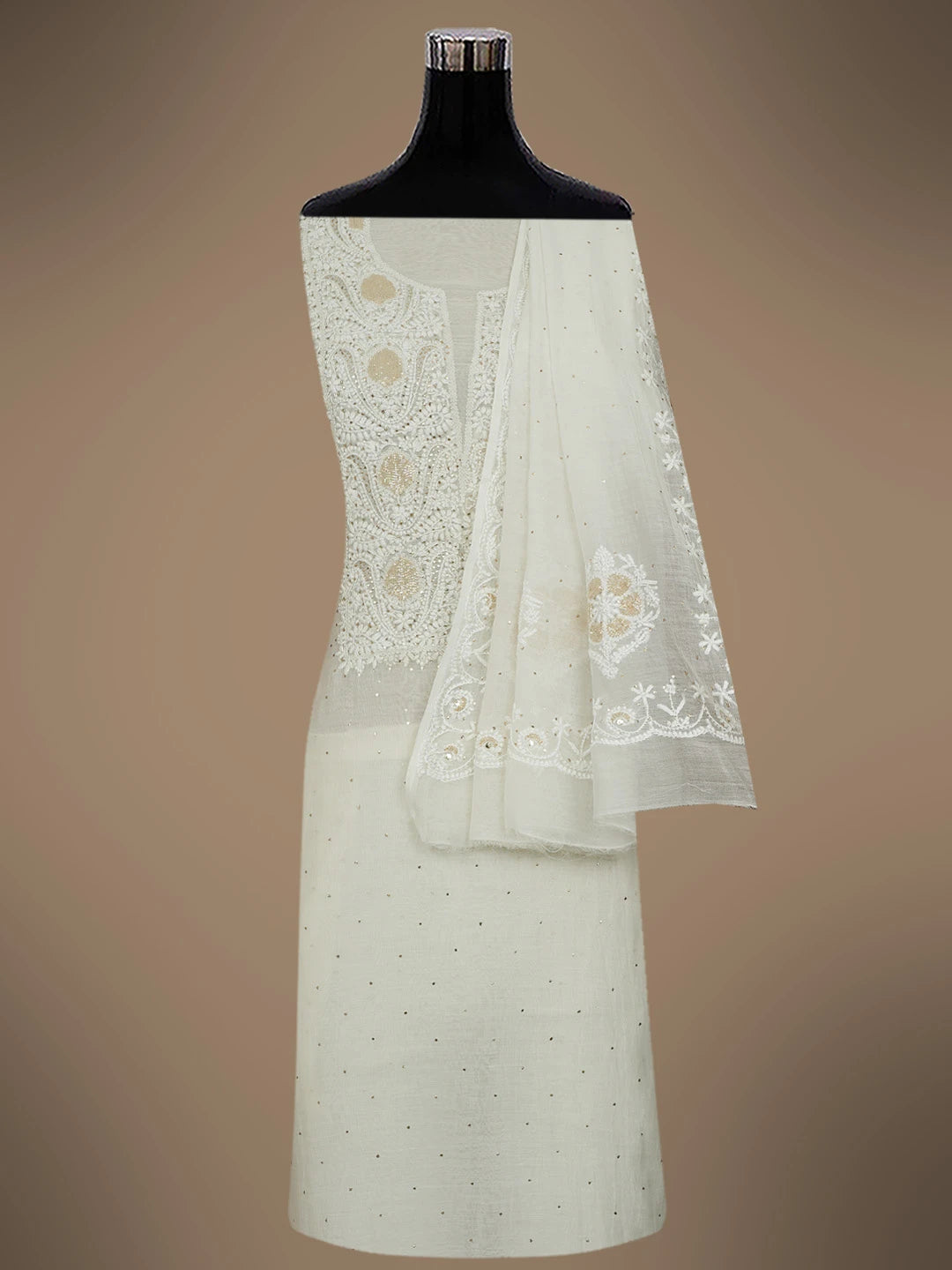 Ada Hand Embroidered Ivory White Chanderi Lucknowi Chikankari Unstitched Kurta Dupatta Set With Cutdana Work 01A722463