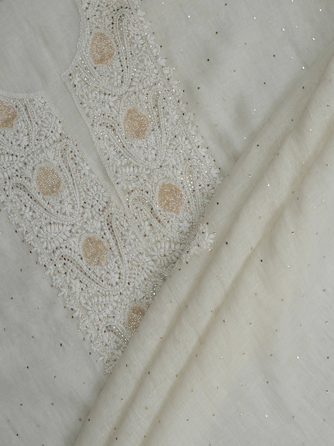 Ada Hand Embroidered Ivory White Chanderi Lucknowi Chikankari Unstitched Kurta Dupatta Set With Cutdana Work 01A722463