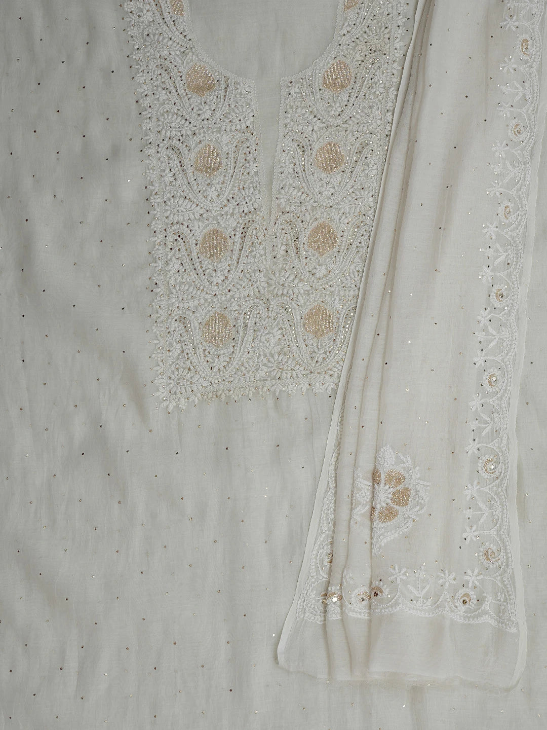 Ada Hand Embroidered Ivory White Chanderi Lucknowi Chikankari Unstitched Kurta Dupatta Set With Cutdana Work 01A722463