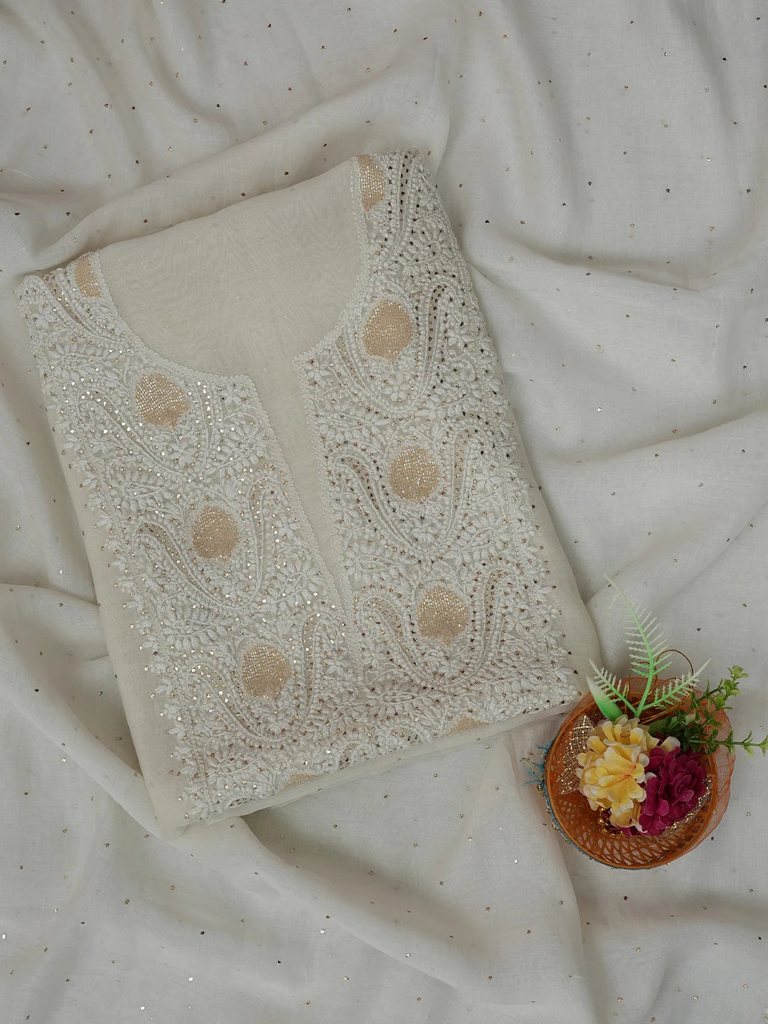 Ada Hand Embroidered Ivory White Chanderi Lucknowi Chikankari Unstitched Kurta Dupatta Set With Cutdana Work 01A722463