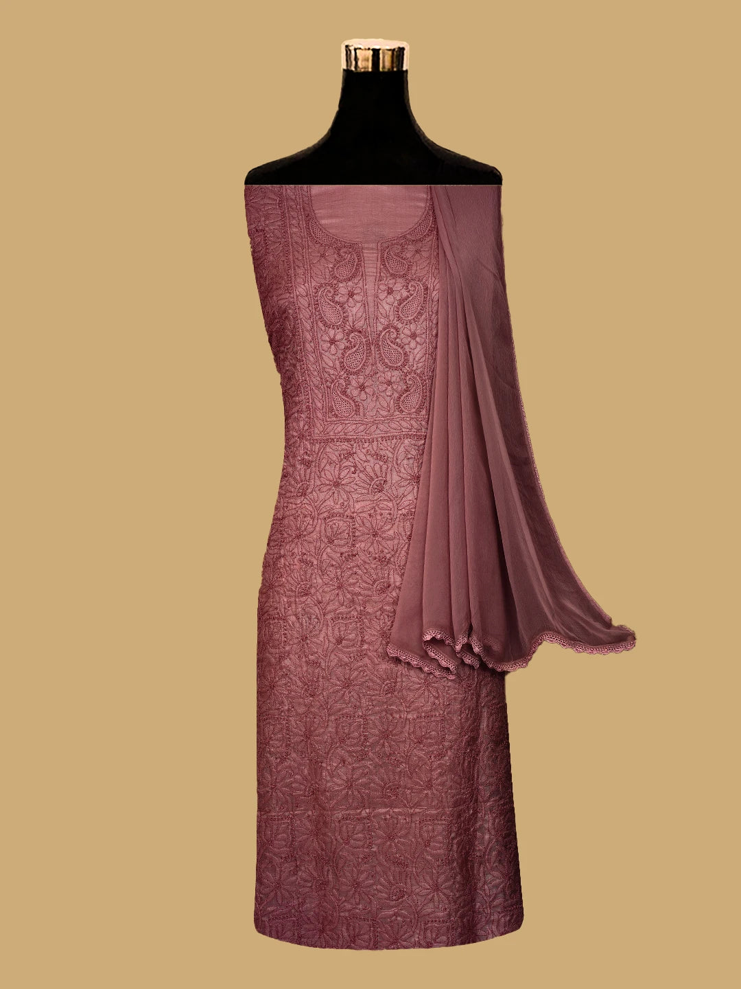 Ada Hand Embroidered Dusty Peach Silk Lucknowi Chikankari Unstitched Suit Piece 01A722306