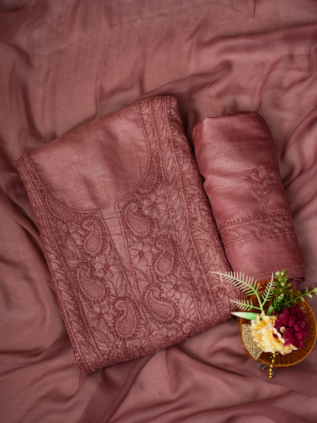 Ada Hand Embroidered Dusty Peach Silk Lucknowi Chikankari Unstitched Suit Piece 01A722306