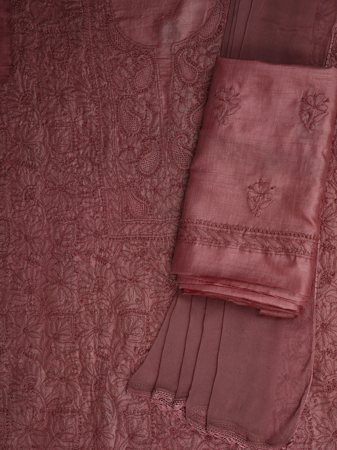 Ada Hand Embroidered Dusty Peach Silk Lucknowi Chikankari Unstitched Suit Piece 01A722306