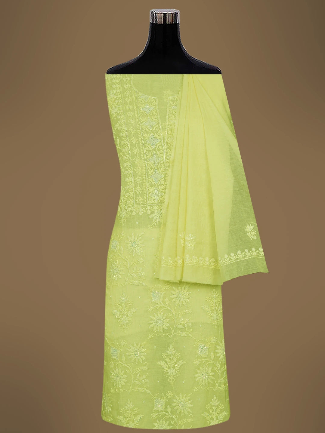 Ada Hand Embroidered Lemon Chanderi Lucknowi Chikankari Unstitched Kurta Dupatta Set With Cutdana Work 01A599518