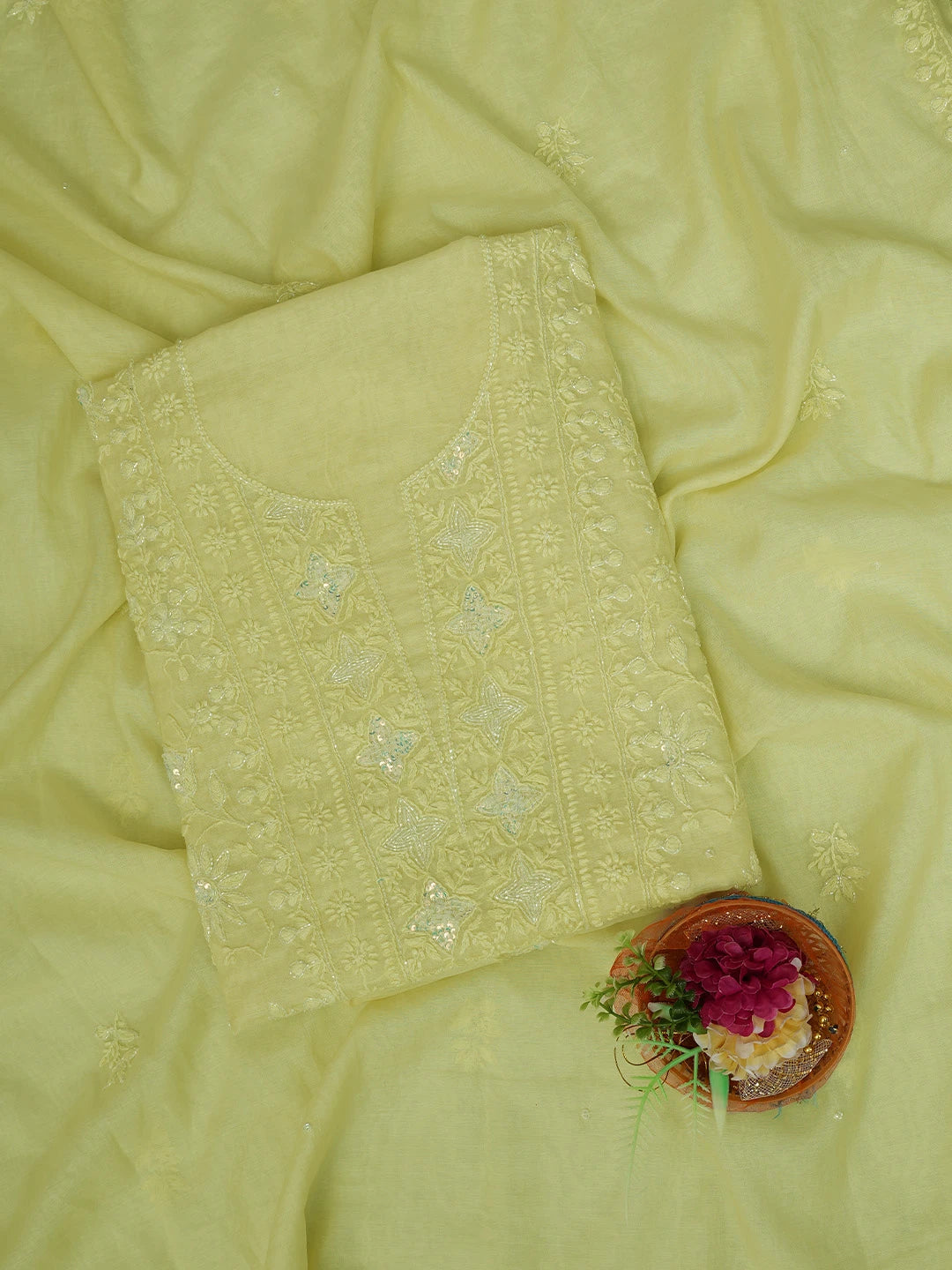 Ada Hand Embroidered Lemon Chanderi Lucknowi Chikankari Unstitched Kurta Dupatta Set With Cutdana Work 01A599518