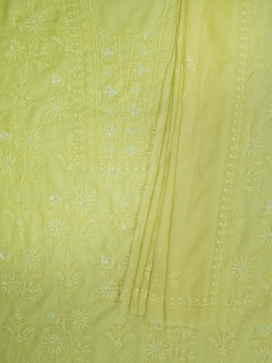 Ada Hand Embroidered Lemon Chanderi Lucknowi Chikankari Unstitched Kurta Dupatta Set With Cutdana Work 01A599518