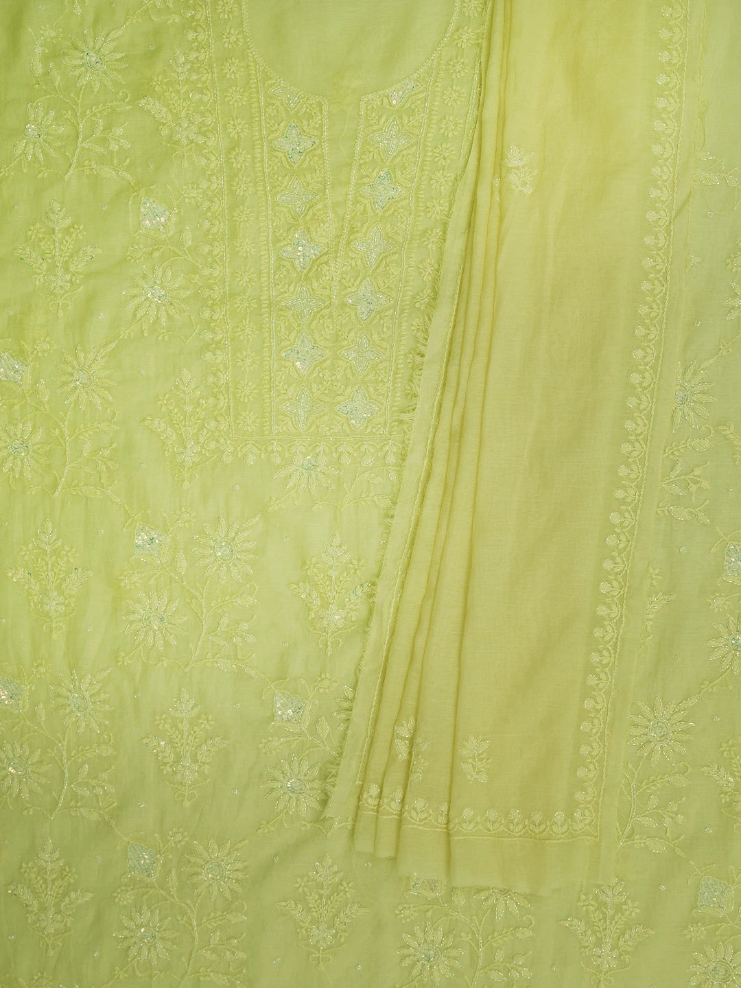 Ada Hand Embroidered Lemon Chanderi Lucknowi Chikankari Unstitched Kurta Dupatta Set With Cutdana Work 01A599518