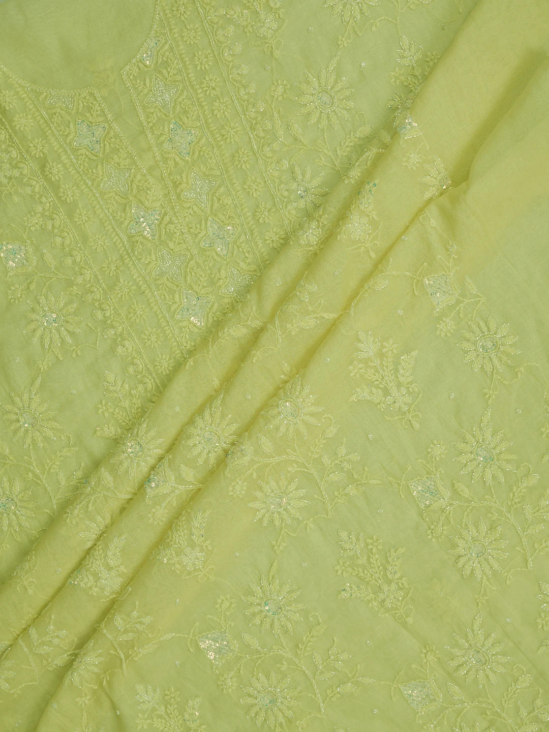 Ada Hand Embroidered Lemon Chanderi Lucknowi Chikankari Unstitched Kurta Dupatta Set With Cutdana Work 01A599518