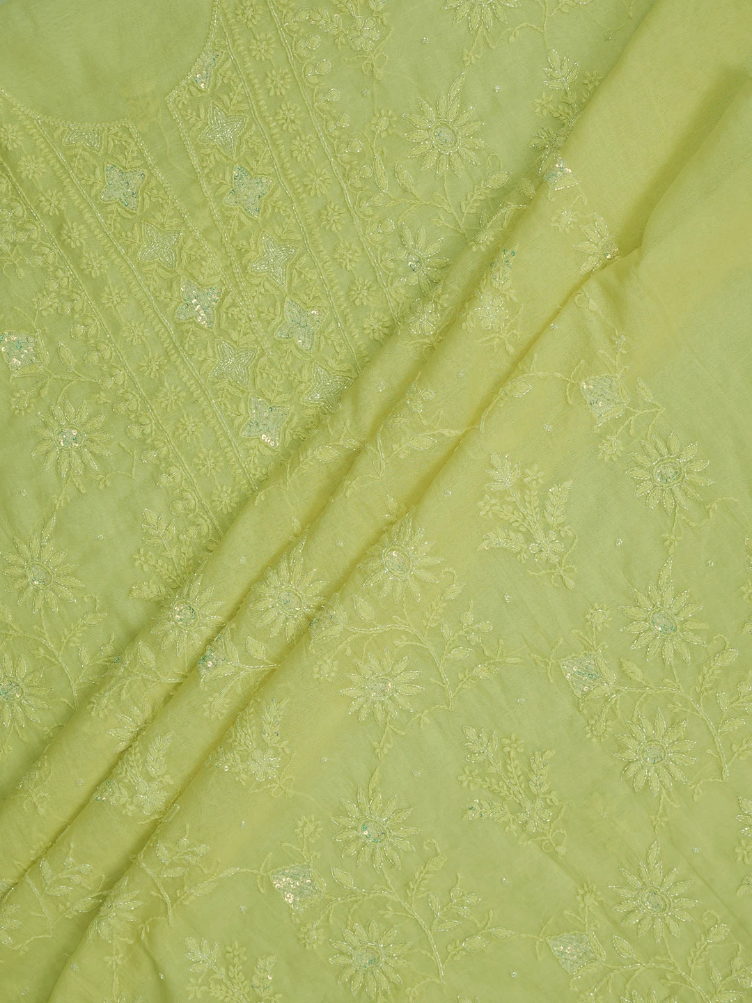 Ada Hand Embroidered Lemon Chanderi Lucknowi Chikankari Unstitched Kurta Dupatta Set With Cutdana Work 01A599518