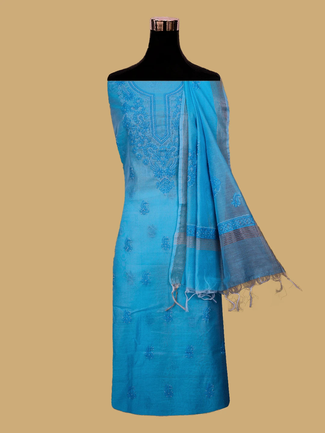Ada Hand Embroidered Dodger Blue Chanderi Lucknowi Chikankari Unstitched Kurta Dupatta Set 01A726623