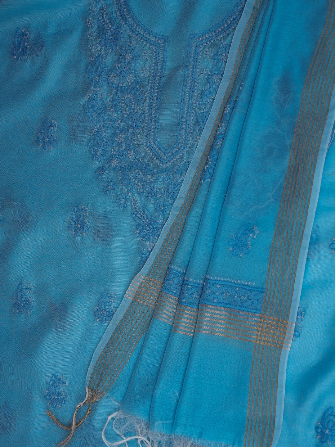 Ada Hand Embroidered Dodger Blue Chanderi Lucknowi Chikankari Unstitched Kurta Dupatta Set 01A726623