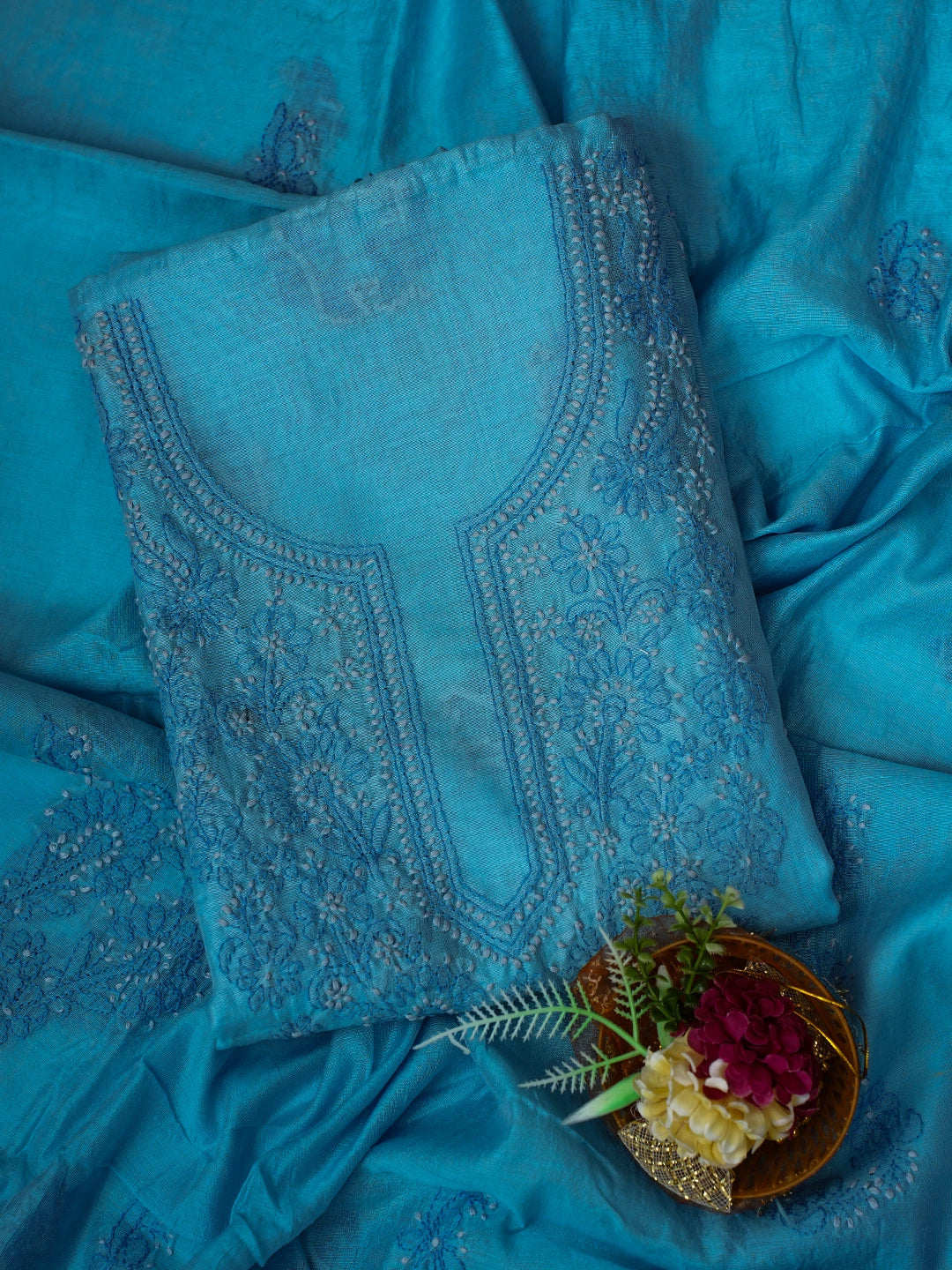 Ada Hand Embroidered Dodger Blue Chanderi Lucknowi Chikankari Unstitched Kurta Dupatta Set 01A726623