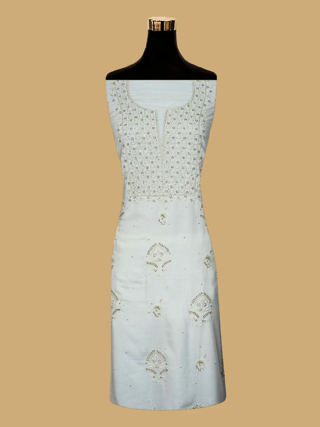 Ada Hand Embroidered Smoke White Modal Lucknowi Chikankari Unstitched Kurta Dupatta Set With Cutdana Work 01A392267
