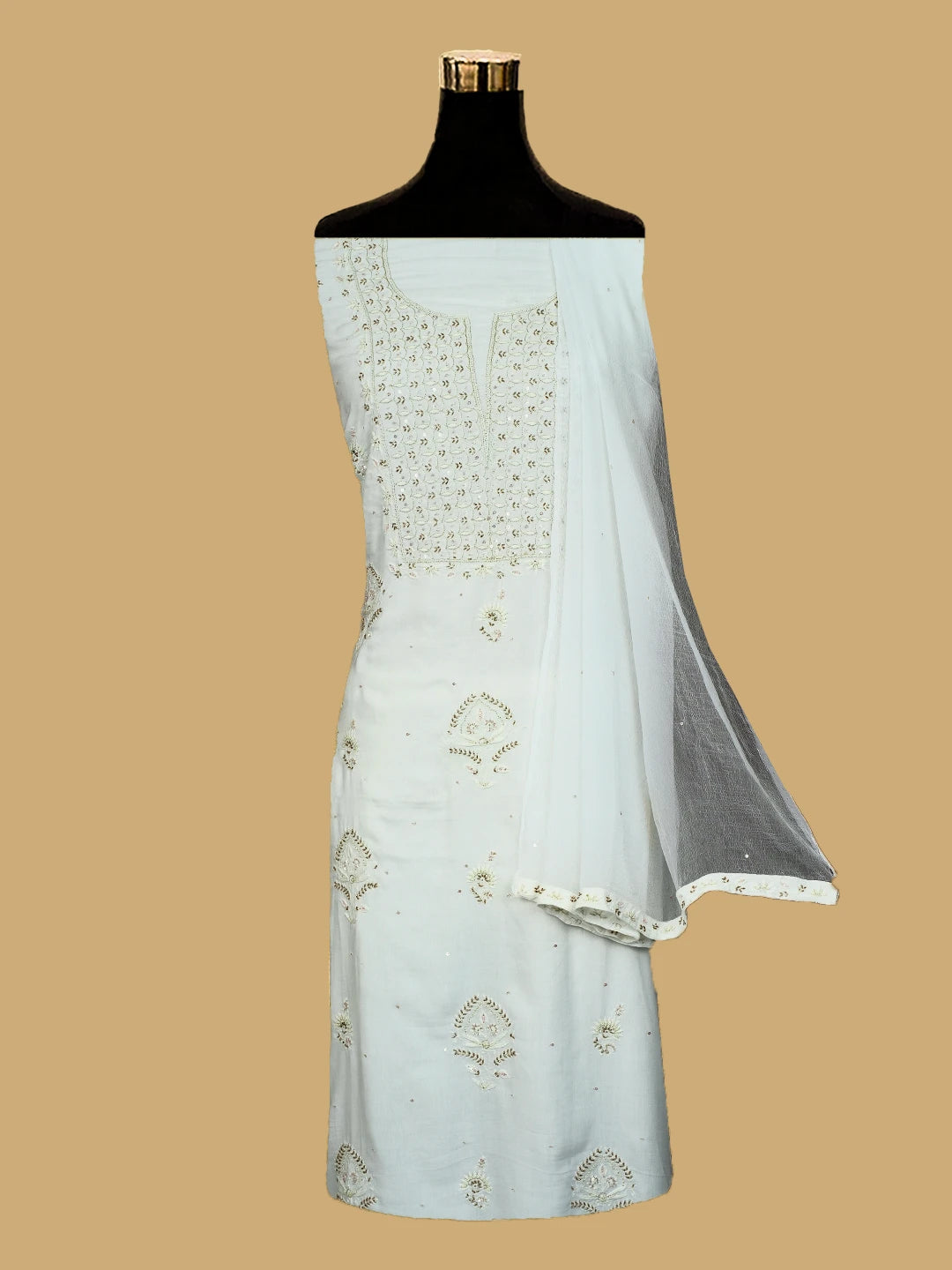 Ada Hand Embroidered Smoke White Modal Lucknowi Chikankari Unstitched Kurta Dupatta Set With Cutdana Work 01A392267
