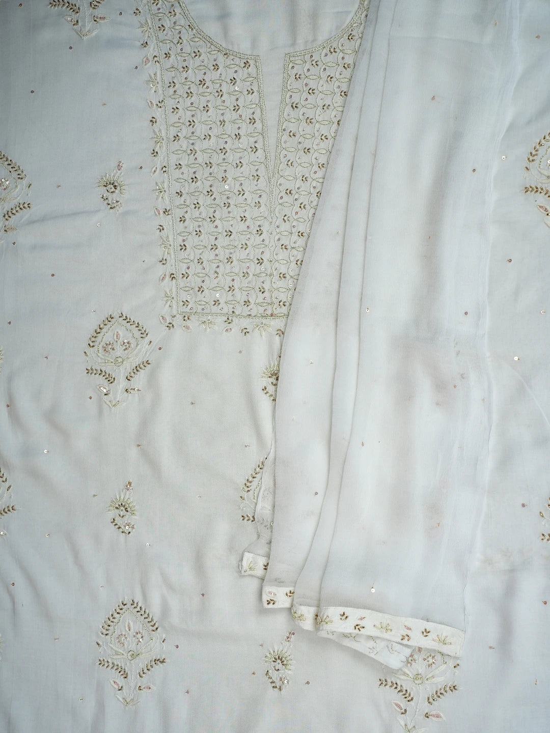 Ada Hand Embroidered Smoke White Modal Lucknowi Chikankari Unstitched Kurta Dupatta Set With Cutdana Work 01A392267