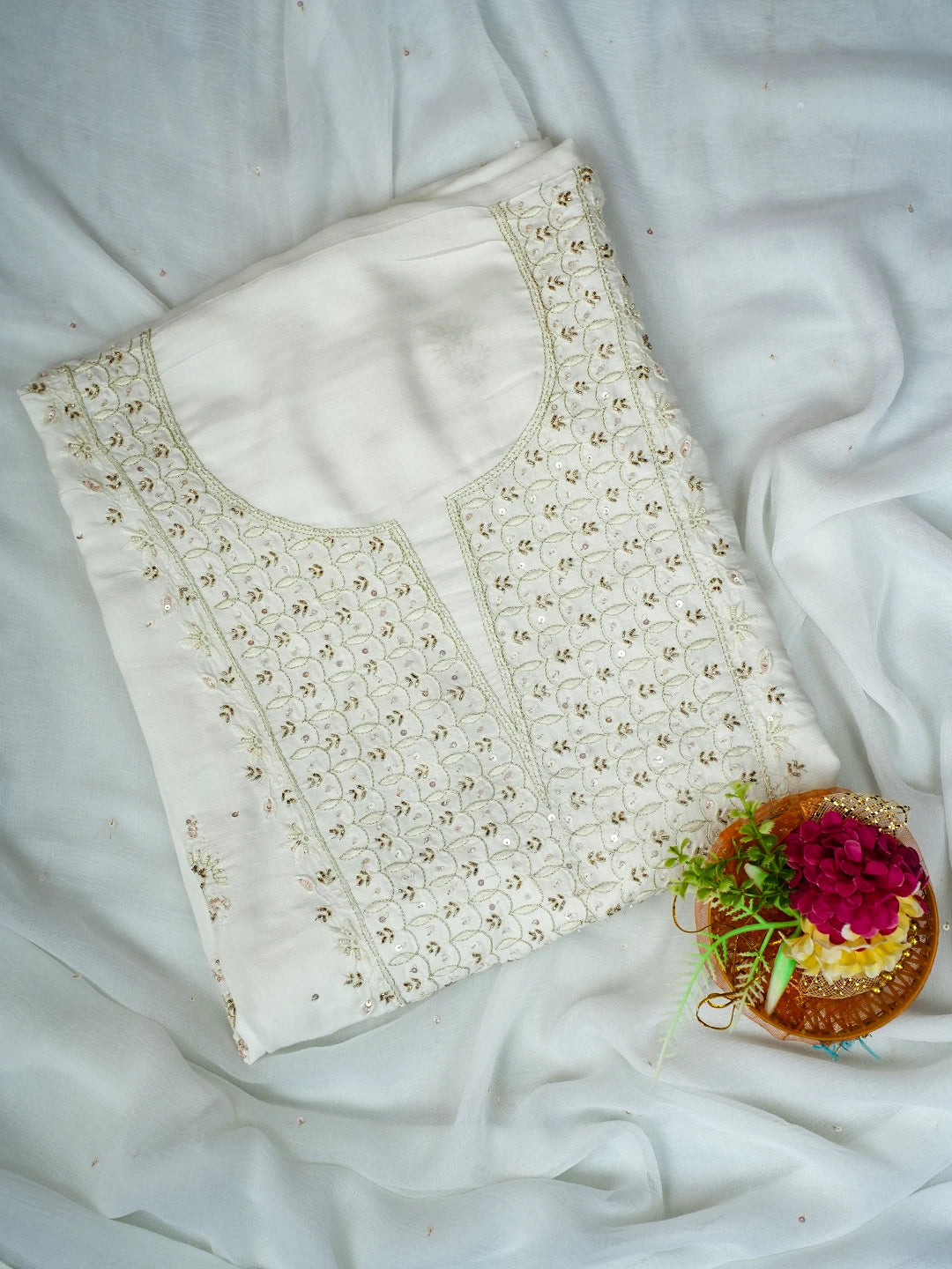 Ada Hand Embroidered Smoke White Modal Lucknowi Chikankari Unstitched Kurta Dupatta Set With Cutdana Work 01A392267