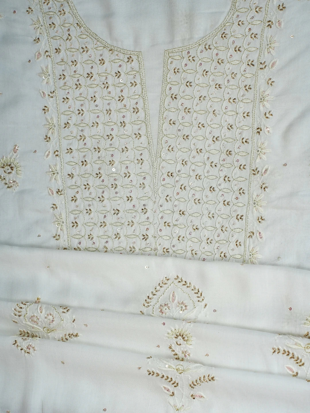 Ada Hand Embroidered Smoke White Modal Lucknowi Chikankari Unstitched Kurta Dupatta Set With Cutdana Work 01A392267