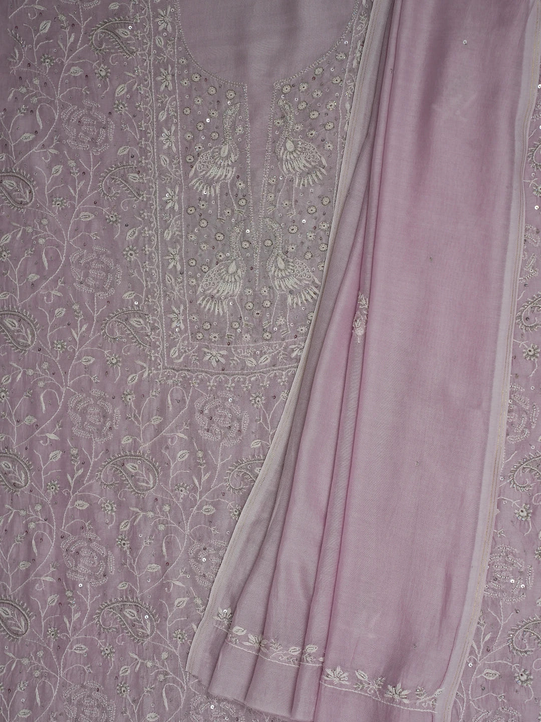 Ada Hand Embroidered Lavender Muslin Lucknowi Chikankari Unstitched Kurta Dupatta Set With Cutdana Work 01A528570