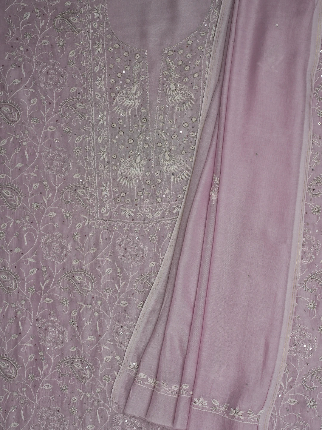 Ada Hand Embroidered Lavender Muslin Lucknowi Chikankari Unstitched Kurta Dupatta Set With Cutdana Work 01A528570