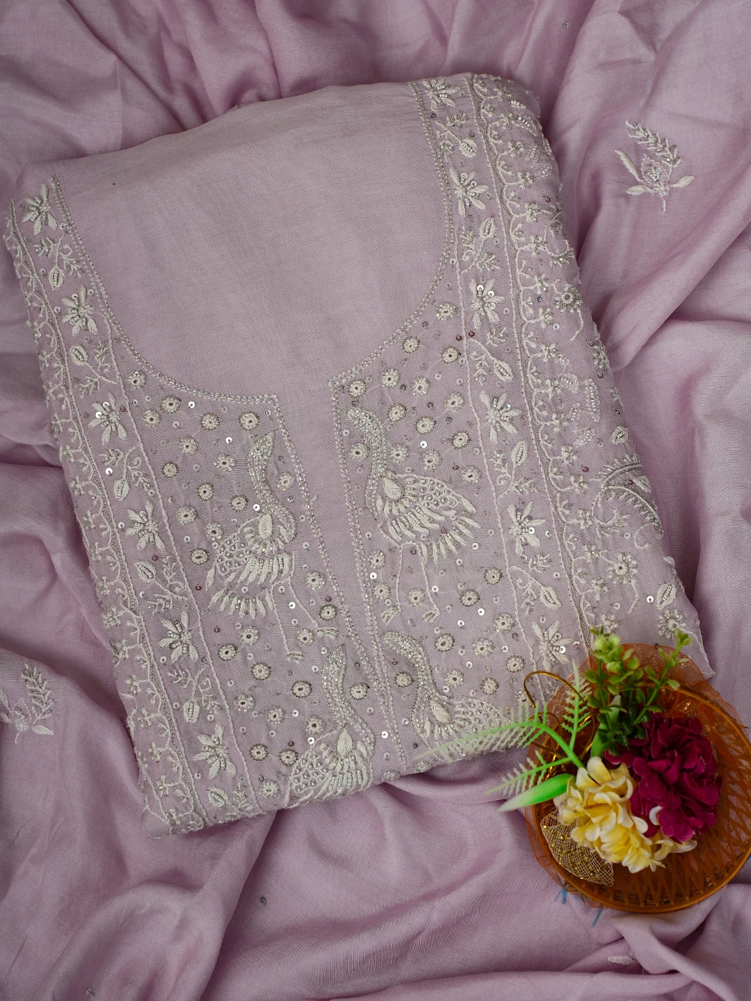 Ada Hand Embroidered Lavender Muslin Lucknowi Chikankari Unstitched Kurta Dupatta Set With Cutdana Work 01A528570