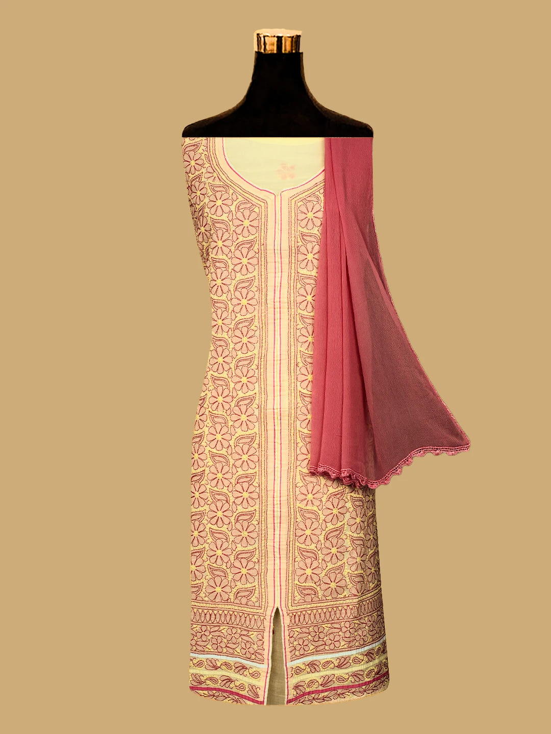 Ada Hand Embroidered Lemon Cotton Lucknowi Chikankari Unstitched Suit Piece 01A214008