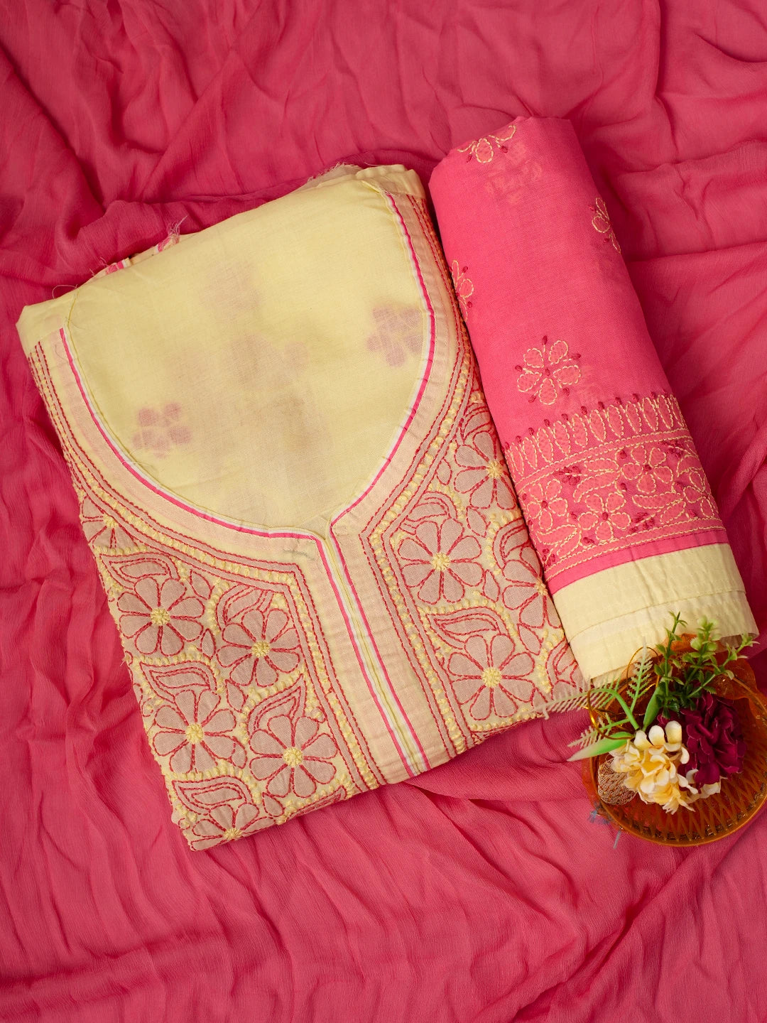 Ada Hand Embroidered Lemon Cotton Lucknowi Chikankari Unstitched Suit Piece 01A214008