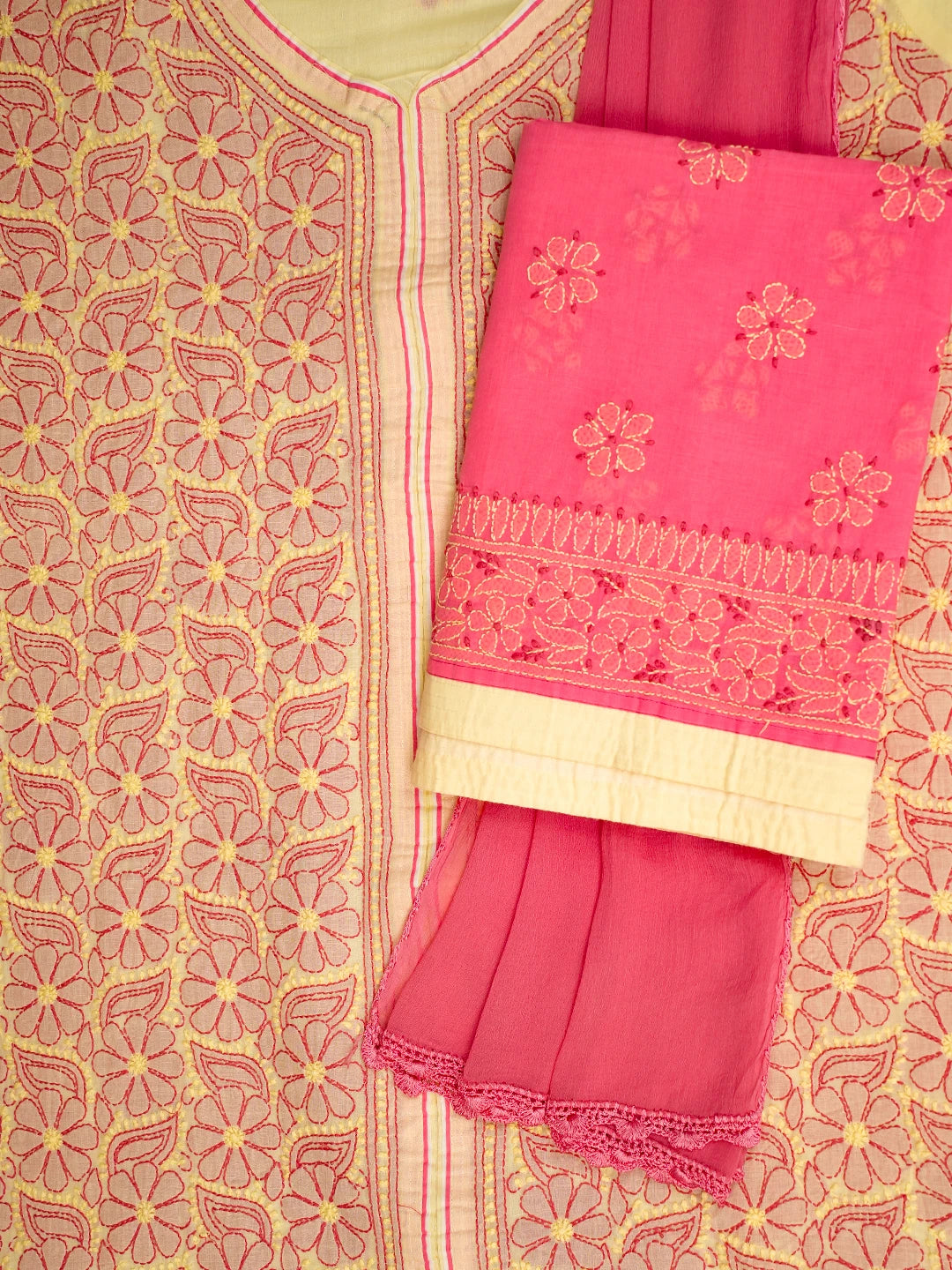 Ada Hand Embroidered Lemon Cotton Lucknowi Chikankari Unstitched Suit Piece 01A214008