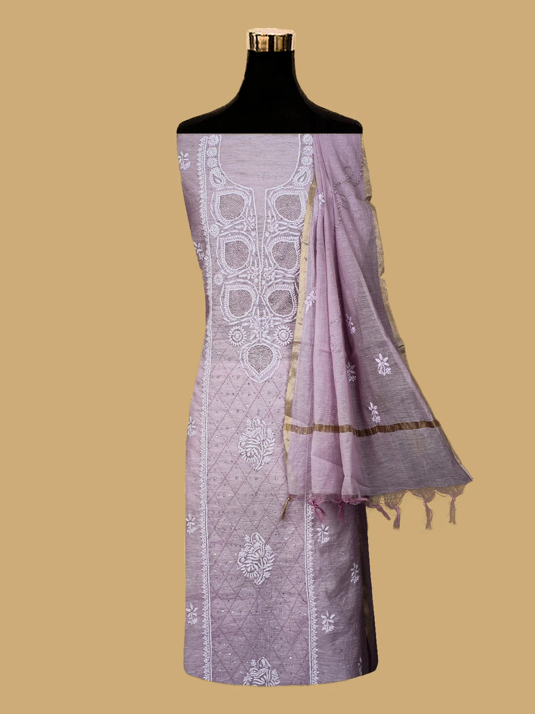 Ada Hand Embroidered Chanderi Mauve Lucknowi Chikankari Unstitched Suit Piece With Cutdana Work 01A725376