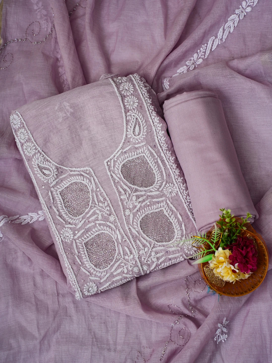 Ada Hand Embroidered Chanderi Mauve Lucknowi Chikankari Unstitched Suit Piece With Cutdana Work 01A725376