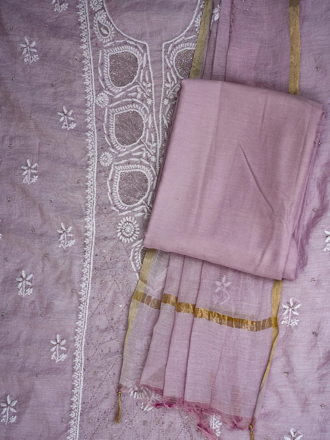 Ada Hand Embroidered Chanderi Mauve Lucknowi Chikankari Unstitched Suit Piece With Cutdana Work 01A725376