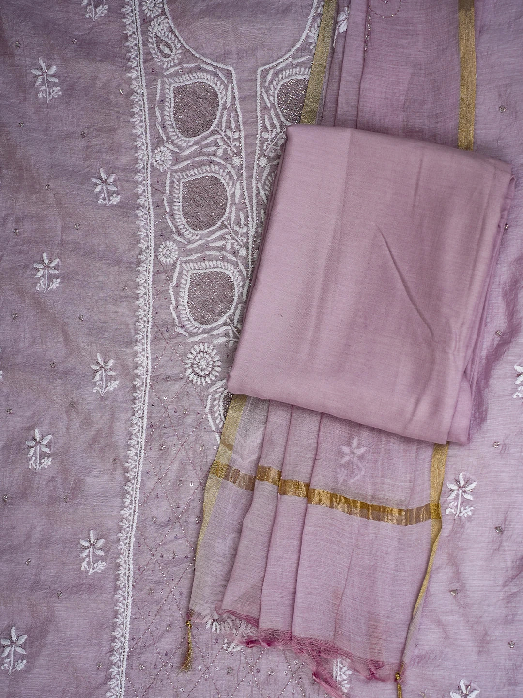Ada Hand Embroidered Chanderi Mauve Lucknowi Chikankari Unstitched Suit Piece With Cutdana Work 01A725376