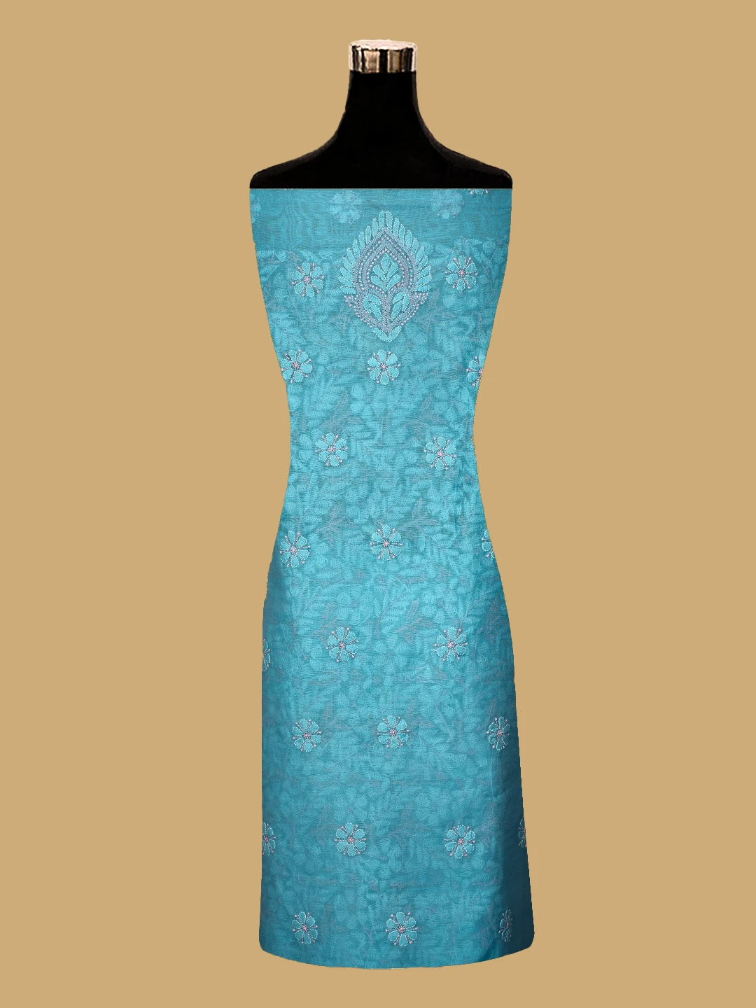 Ada Hand Embroidered  Blue Chanderi Lucknowi Chikankari Unstitched Kurta Dupatta Set 01A710979