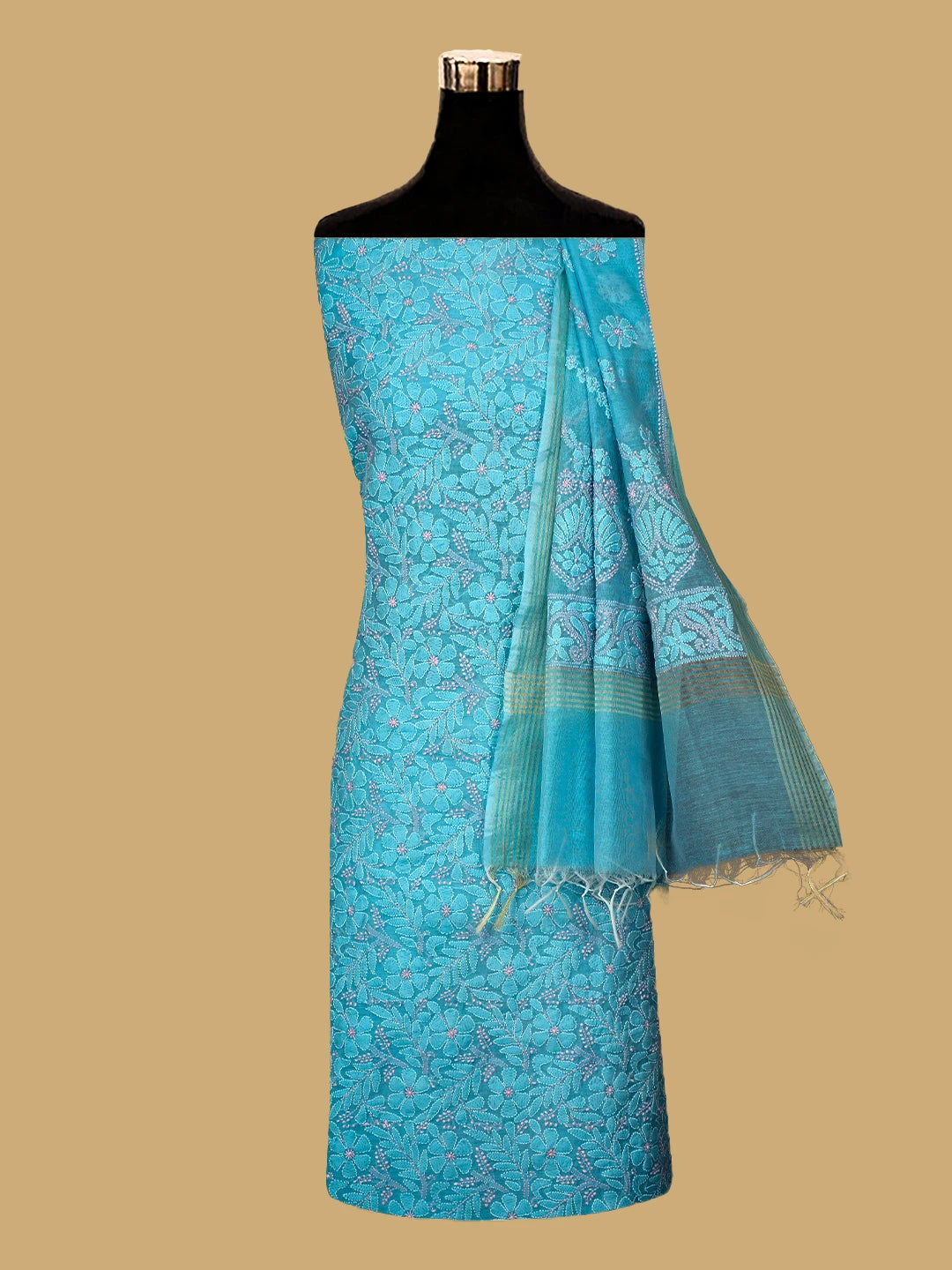 Ada Hand Embroidered  Blue Chanderi Lucknowi Chikankari Unstitched Kurta Dupatta Set 01A710979