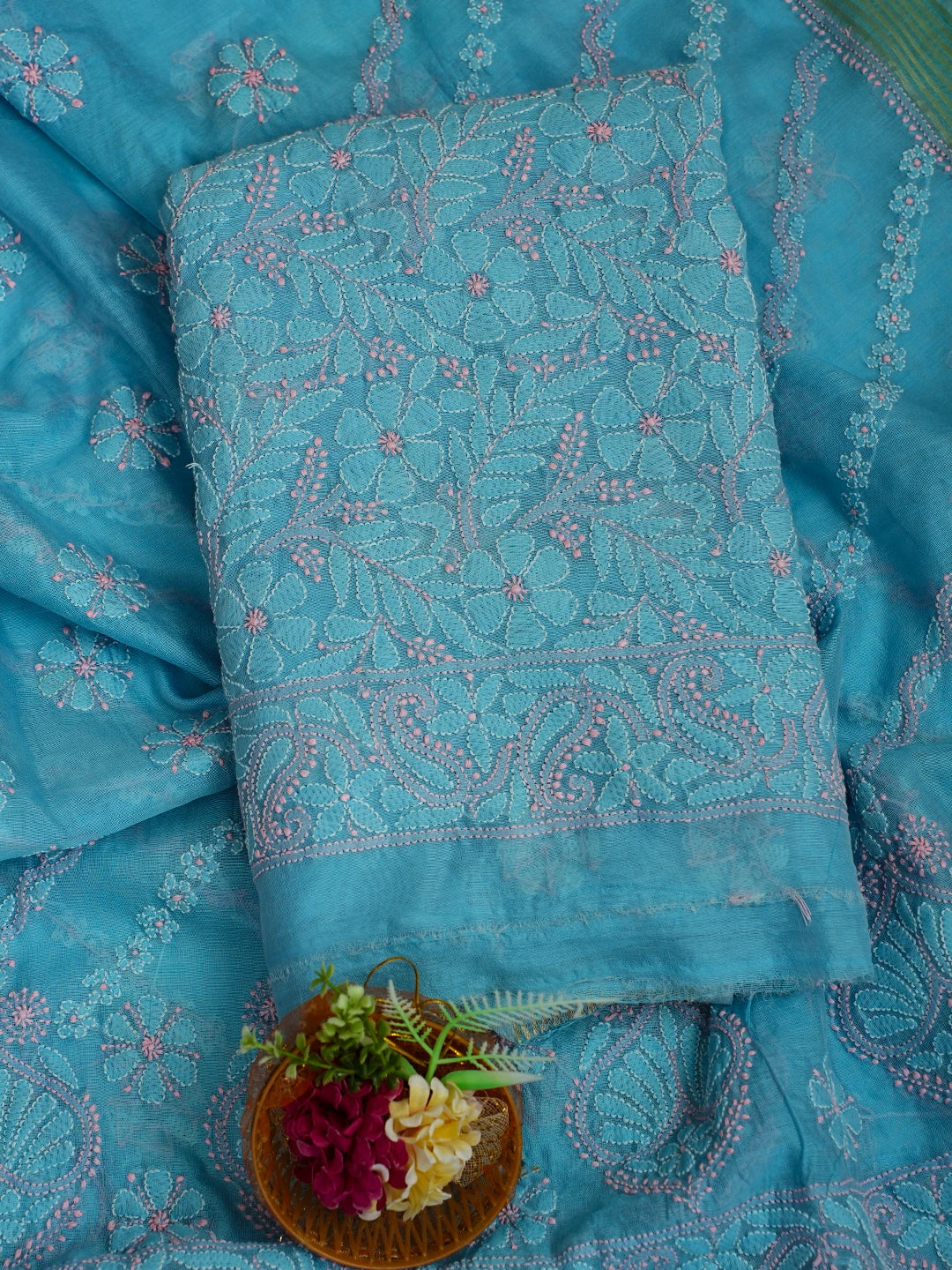 Ada Hand Embroidered  Blue Chanderi Lucknowi Chikankari Unstitched Kurta Dupatta Set 01A710979