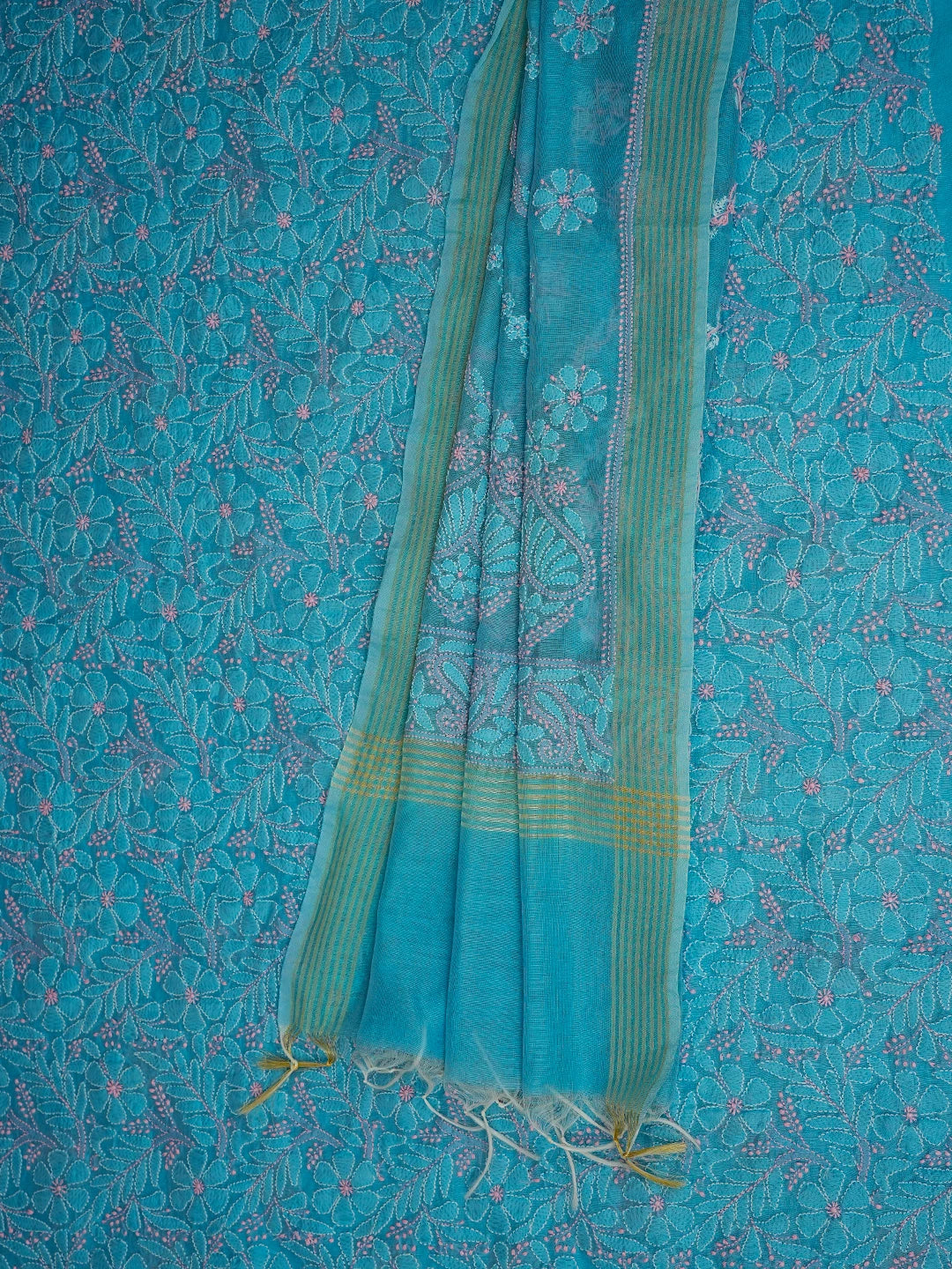Ada Hand Embroidered  Blue Chanderi Lucknowi Chikankari Unstitched Kurta Dupatta Set 01A710979
