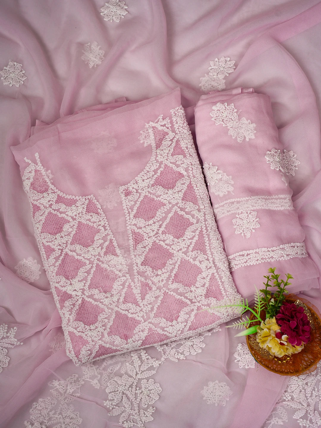 Ada Hand Embroidered Pink Georgette Lucknowi Chikankari Unstitched Suit Piece 01A696674