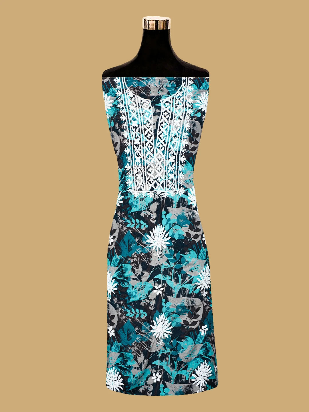 Ada Hand Embroidered Peacock Blue Crepe Floral Printed Lucknowi Chikankari Unstitched Kurta Dupatta Set 01A722823