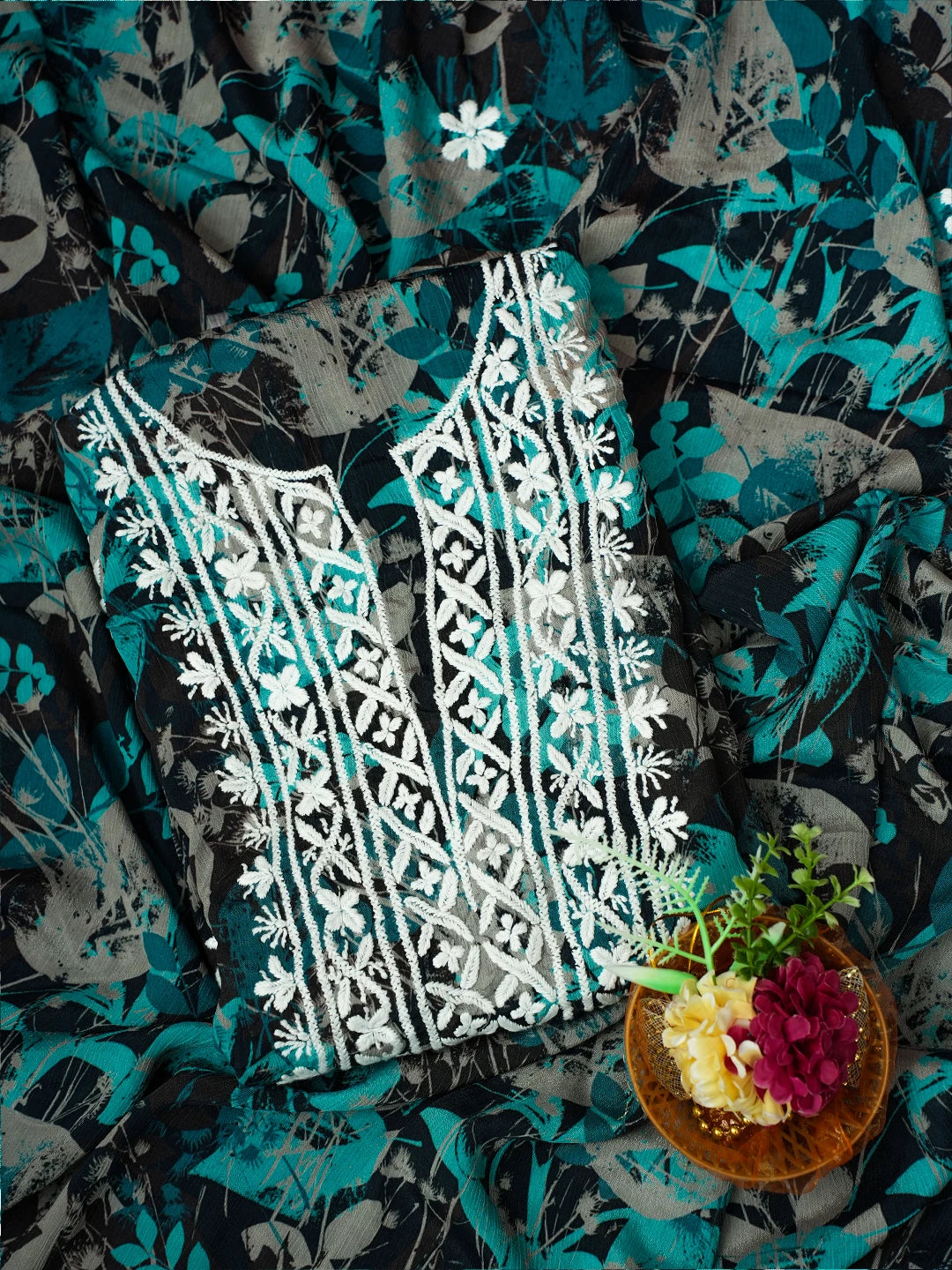 Ada Hand Embroidered Peacock Blue Crepe Floral Printed Lucknowi Chikankari Unstitched Kurta Dupatta Set 01A722823