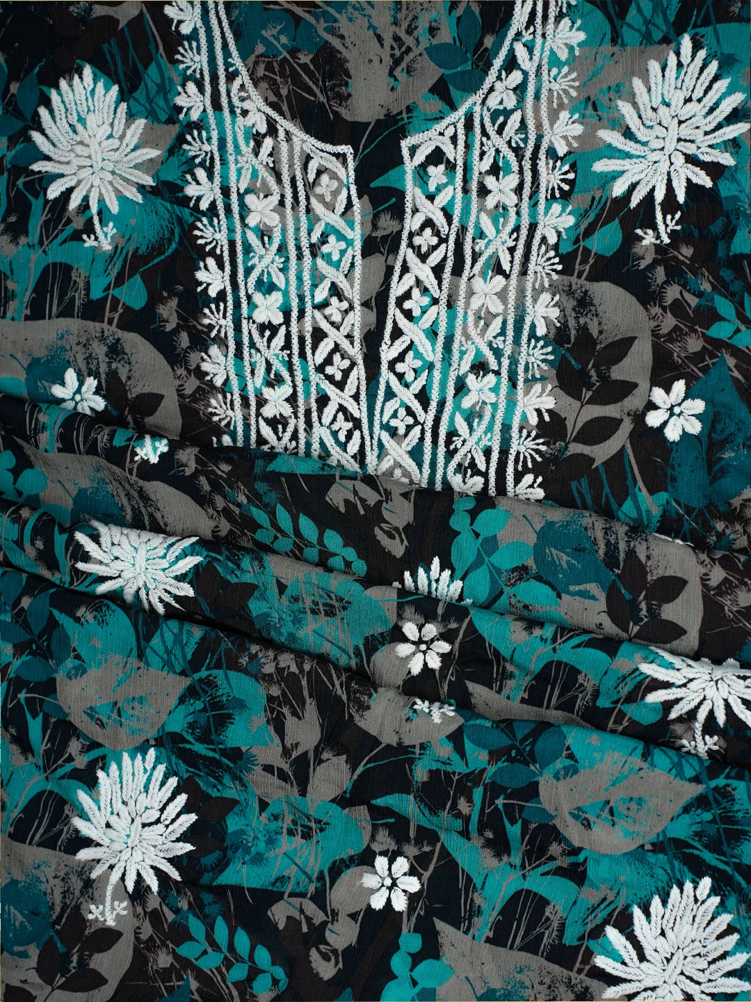 Ada Hand Embroidered Peacock Blue Crepe Floral Printed Lucknowi Chikankari Unstitched Kurta Dupatta Set 01A722823