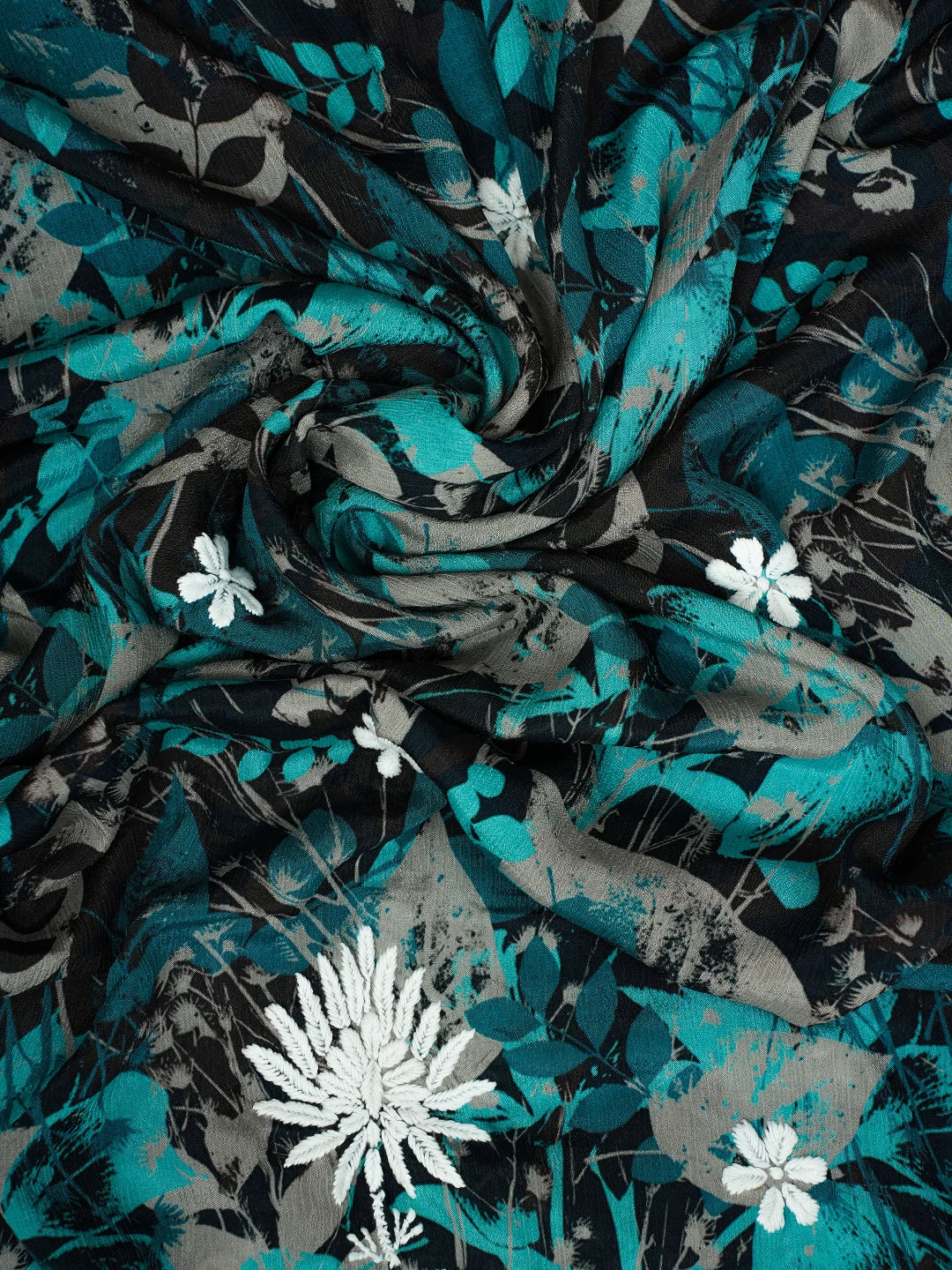 Ada Hand Embroidered Peacock Blue Crepe Floral Printed Lucknowi Chikankari Unstitched Kurta Dupatta Set 01A722823