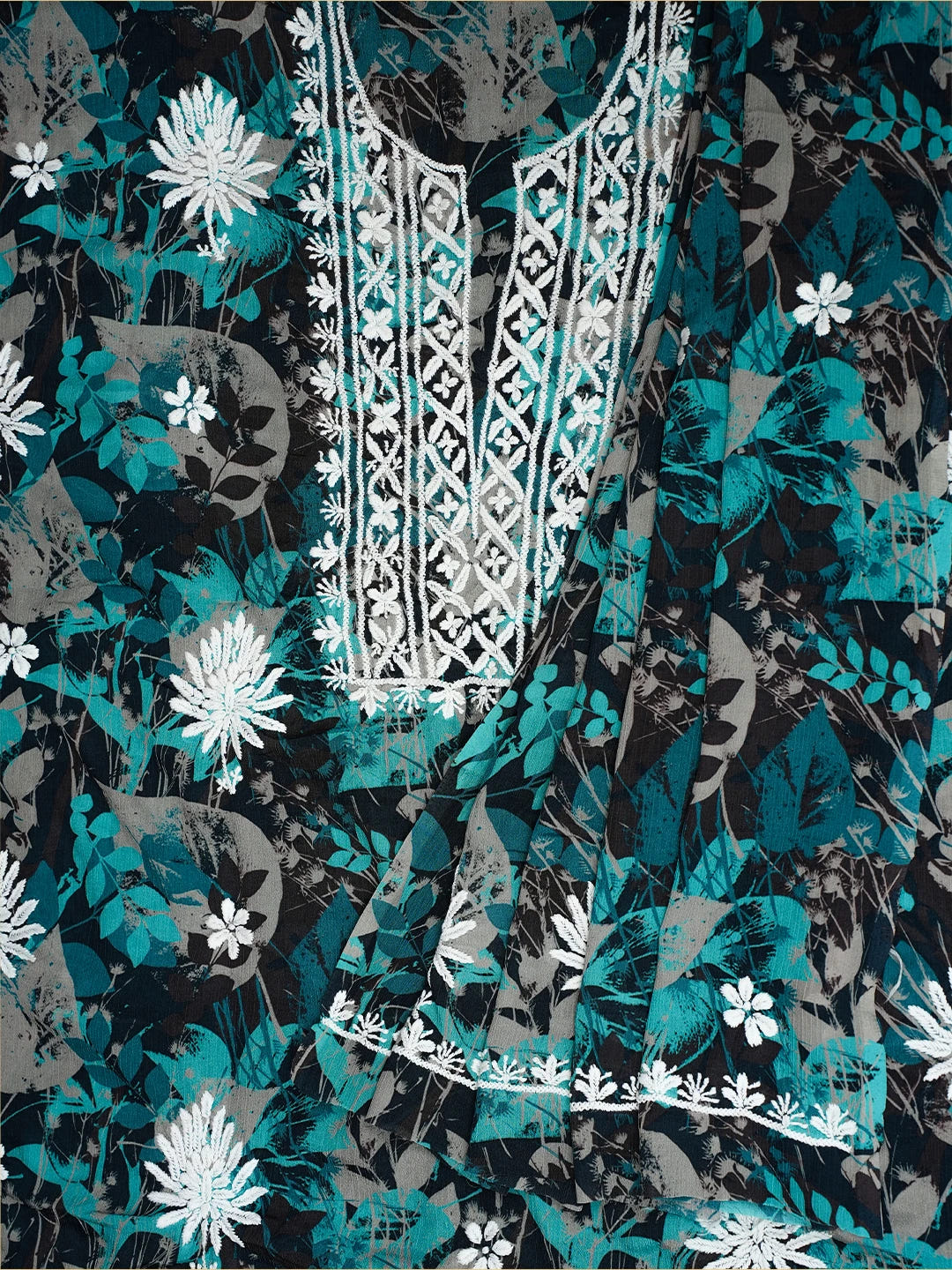 Ada Hand Embroidered Peacock Blue Crepe Floral Printed Lucknowi Chikankari Unstitched Kurta Dupatta Set 01A722823