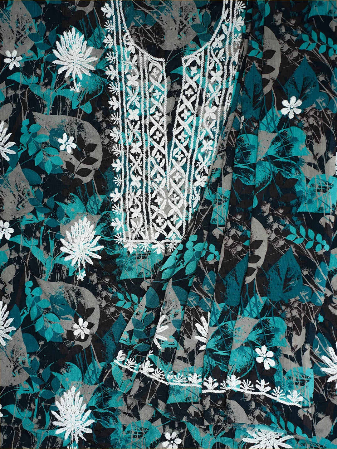 Ada Hand Embroidered Peacock Blue Crepe Floral Printed Lucknowi Chikankari Unstitched Kurta Dupatta Set 01A722823